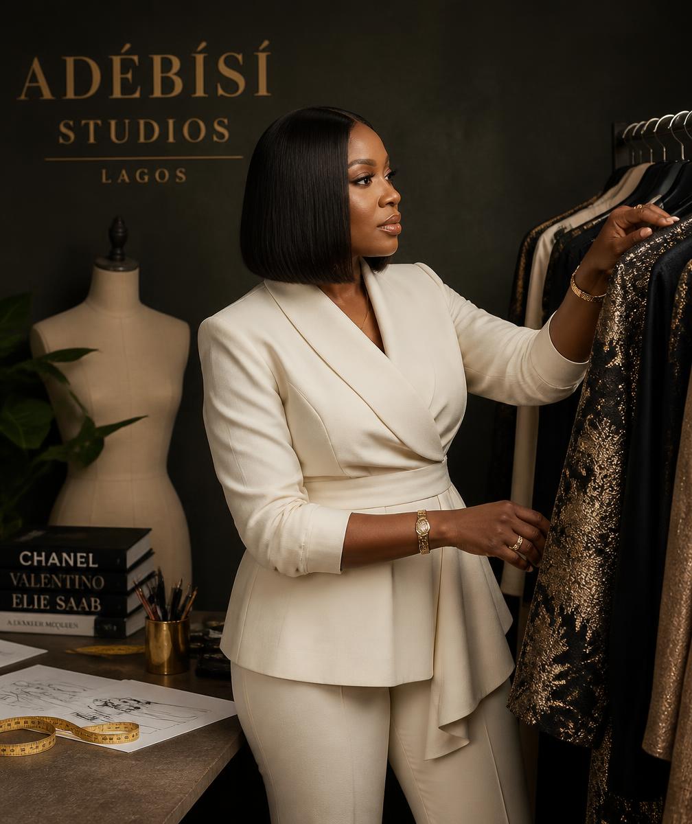 Nigerian fashion studio owner reviewing garments on a rail