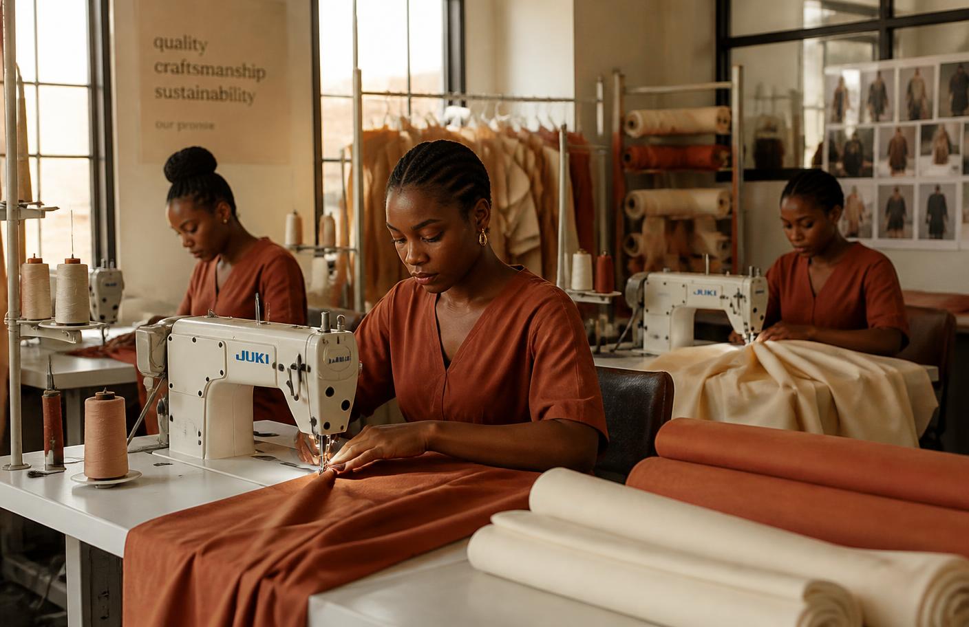 Seamstresses working at sewing machines on a Nigerian garment production floor